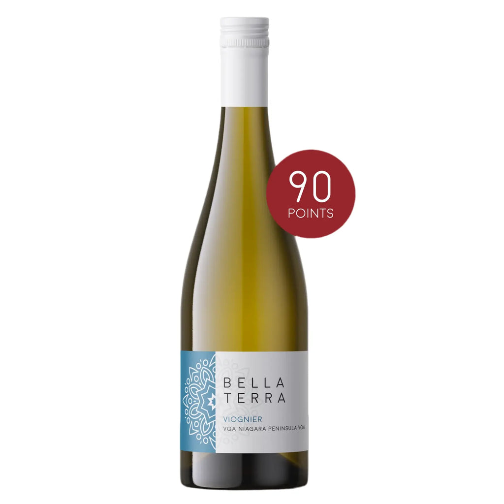 Viognier 2021 van Bella Terra Vineyards – exclusieve witte wijn uit Niagara, 18 maanden gerijpt op acaciahout, met aroma’s van mango, ananas, witte bloemen en peer; krachtig, romig en kruidig met een lange afdronk.