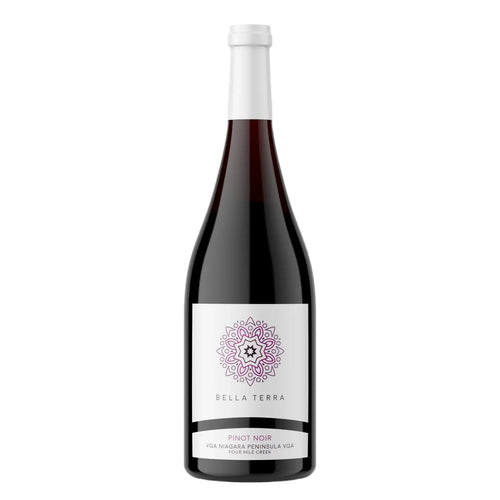 Pinot Noir 2020 uit Niagara-on-the-Lake, Canada – handgeplukte druiven uit Four Mile Creek, met aroma’s van rode kersen, frambozen, mokka en kruiden, gerijpt in Franse eikenhouten vaten, perfect bij runderstoofpot en lamskoteletten